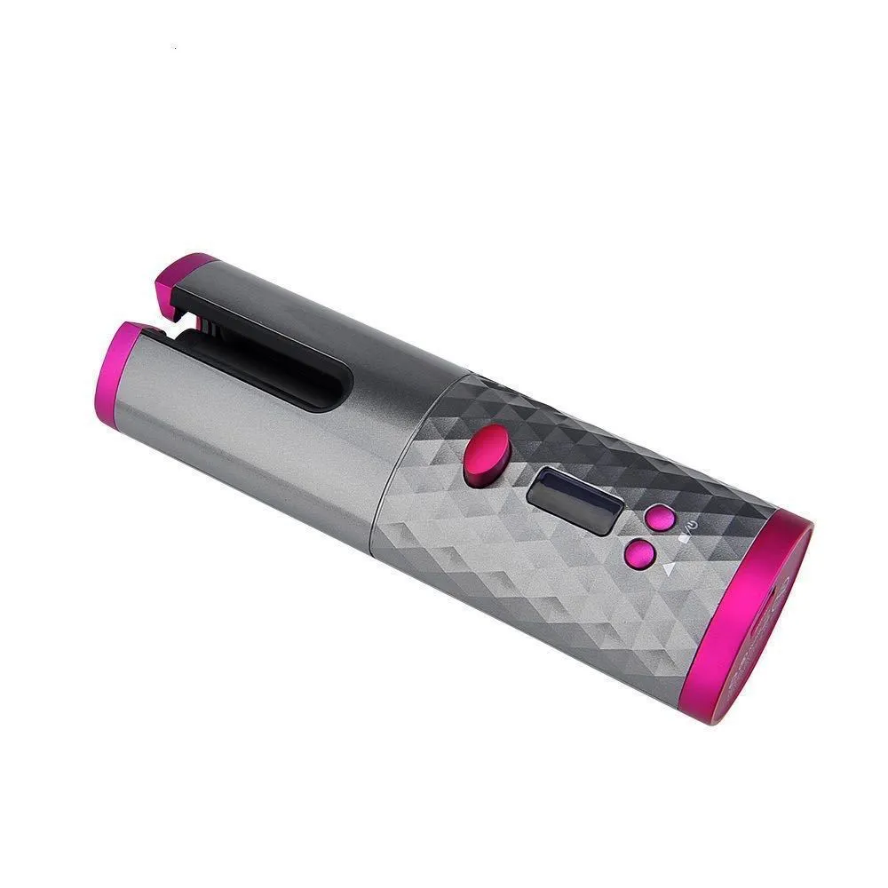 Golden cordless USB rechargeable curling iron with digital display and black flannel storage bag
