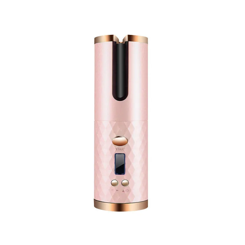 Golden cordless USB rechargeable curling iron with digital display and black flannel storage bag