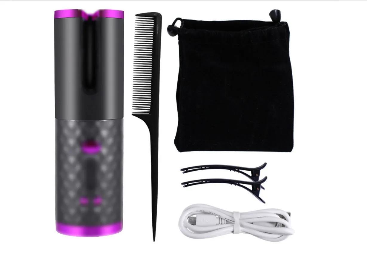 Golden cordless USB rechargeable curling iron with digital display and black flannel storage bag