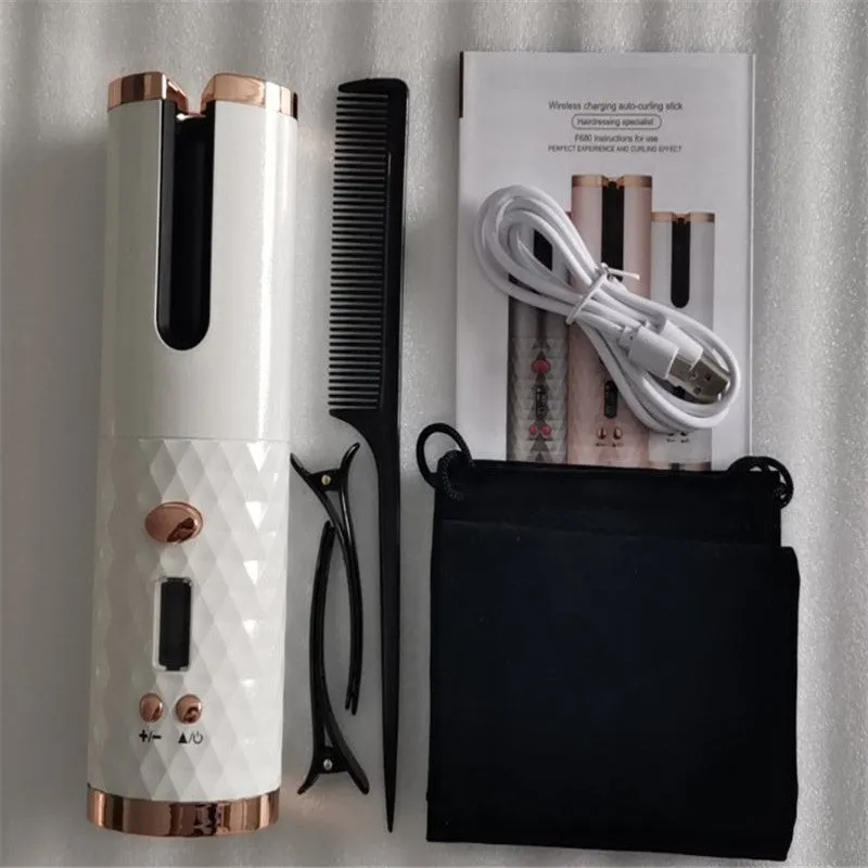 Golden cordless USB rechargeable curling iron with digital display and black flannel storage bag
