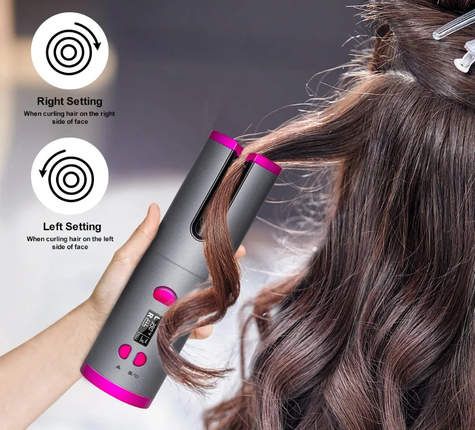 Golden cordless USB rechargeable curling iron with digital display and black flannel storage bag