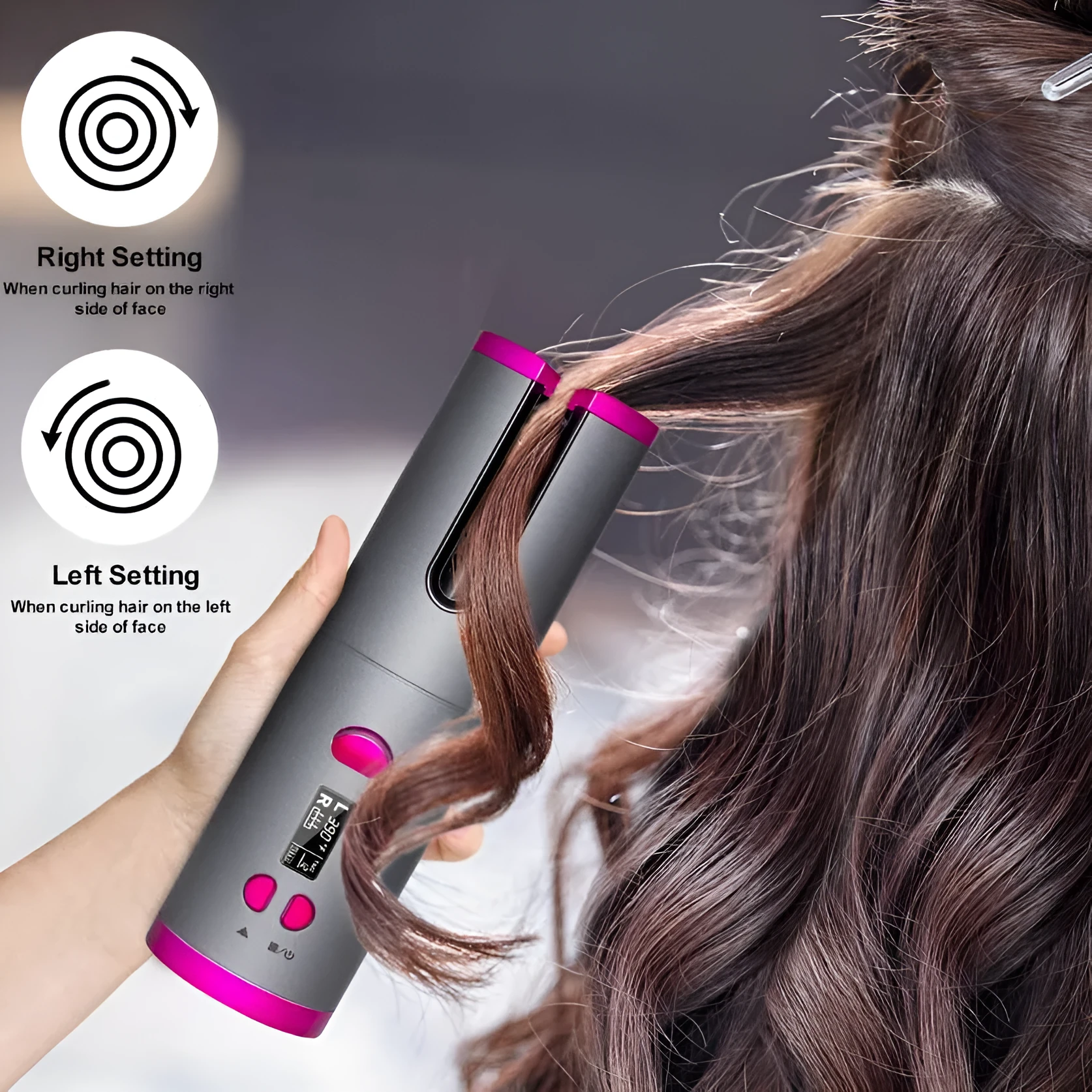 Golden cordless USB rechargeable curling iron with digital display and black flannel storage bag