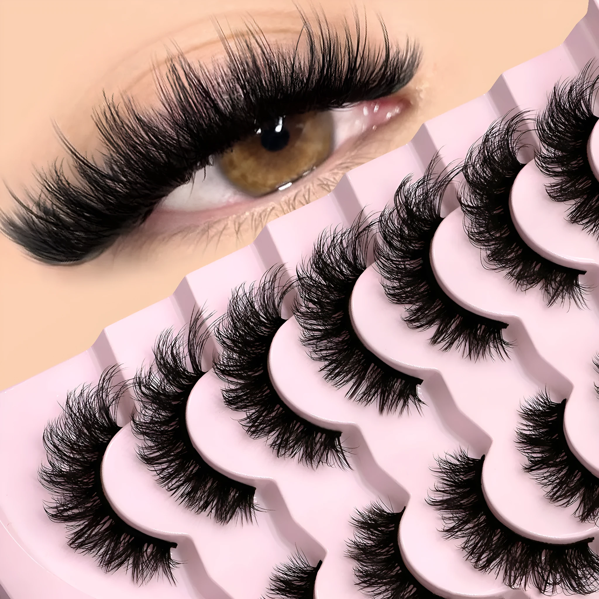 Natural false eyelashes with thick artificial fibre construction in natural long style