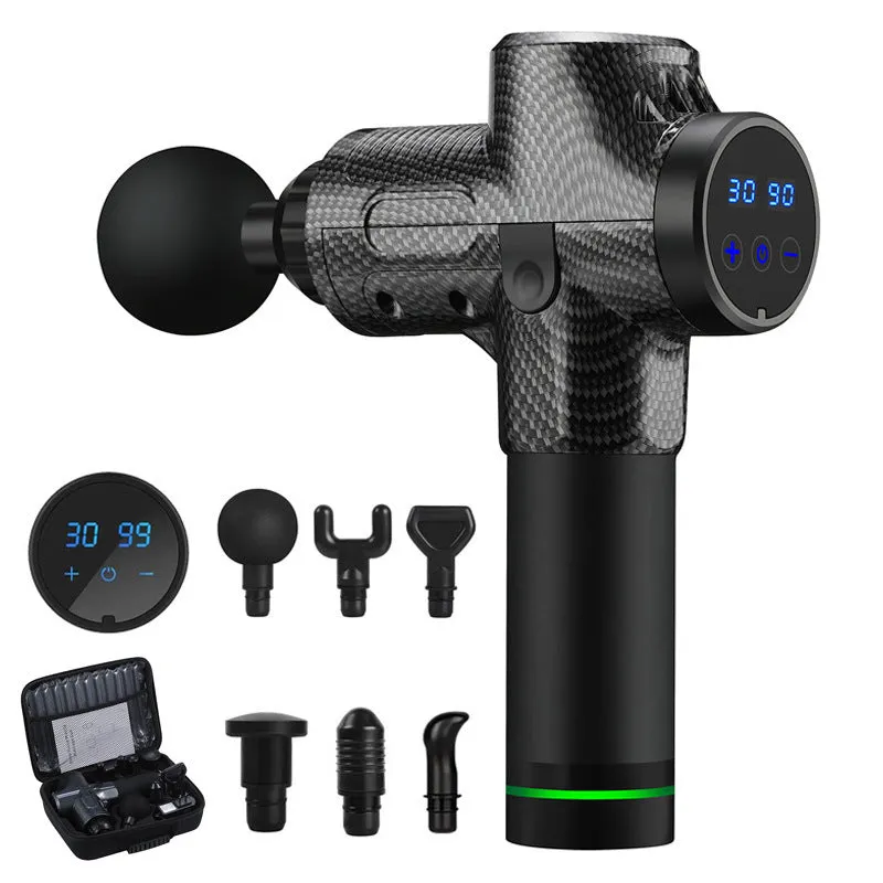 Black fascia gun massager with brushless motor and LCD touch screen for muscle relaxation