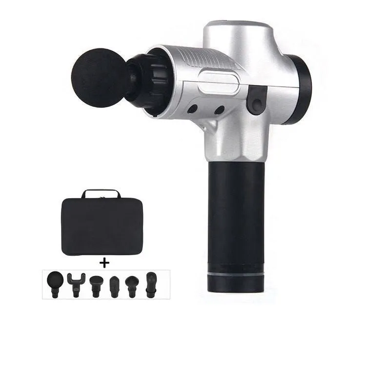 Black fascia gun massager with brushless motor and LCD touch screen for muscle relaxation