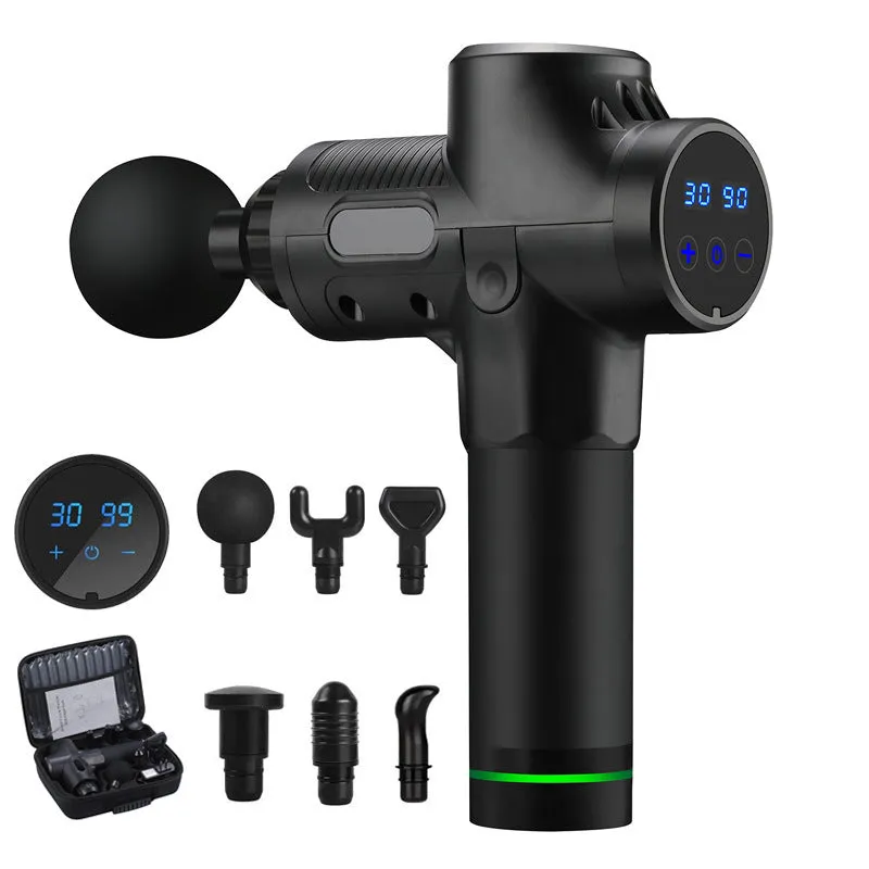 Black fascia gun massager with brushless motor and LCD touch screen for muscle relaxation