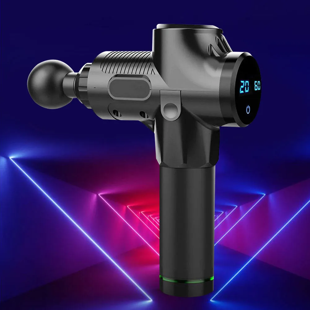 Black fascia gun massager with brushless motor and LCD touch screen for muscle relaxation