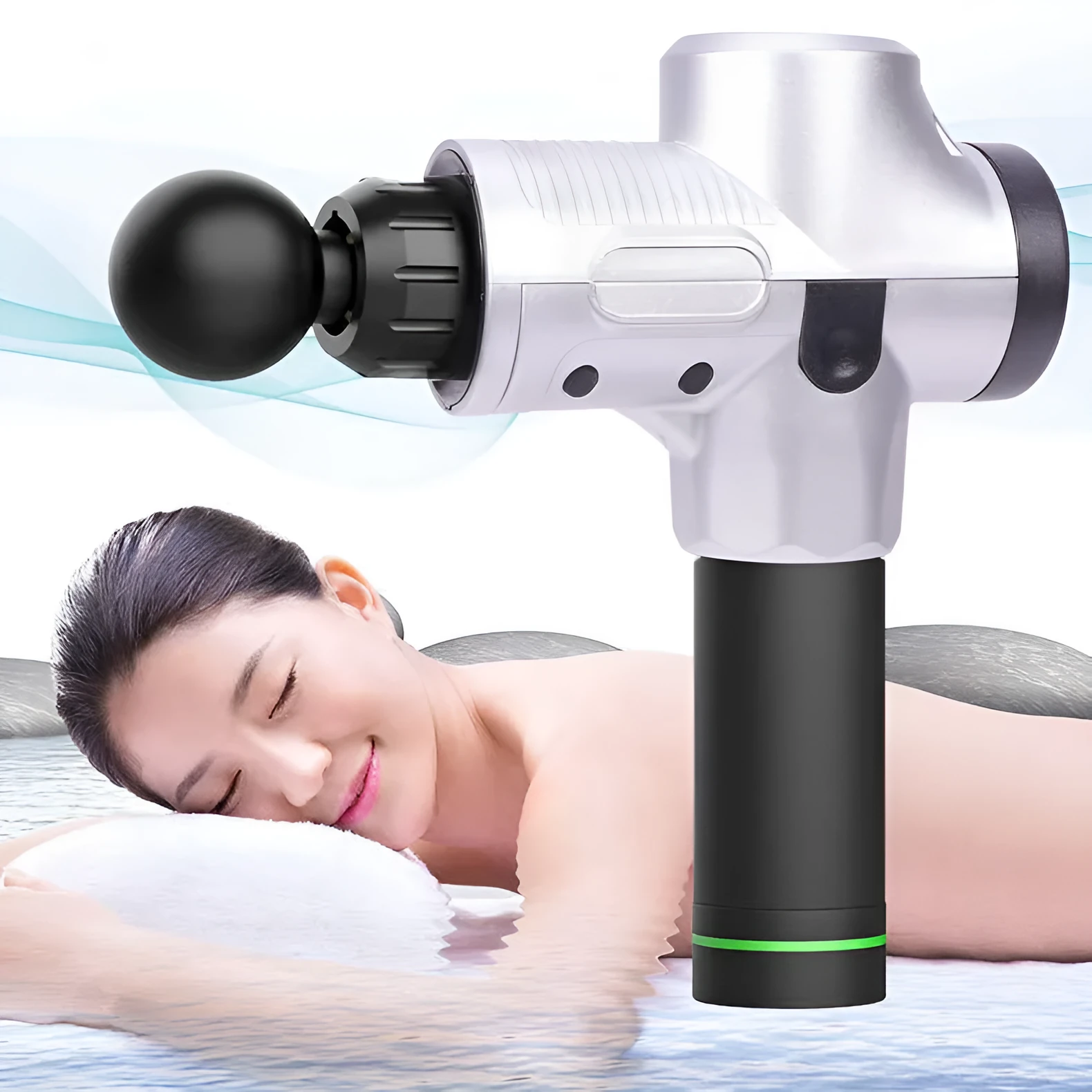 Black fascia gun massager with brushless motor and LCD touch screen for muscle relaxation