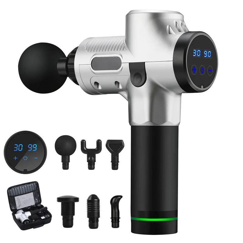 Black fascia gun massager with brushless motor and LCD touch screen for muscle relaxation