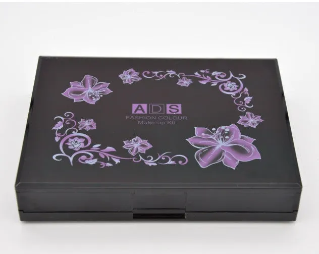 Three-layer makeup box set with 24 eyeshadow colours, 8 lipsticks, blushes, powder cakes, brushes, puff, and mirror