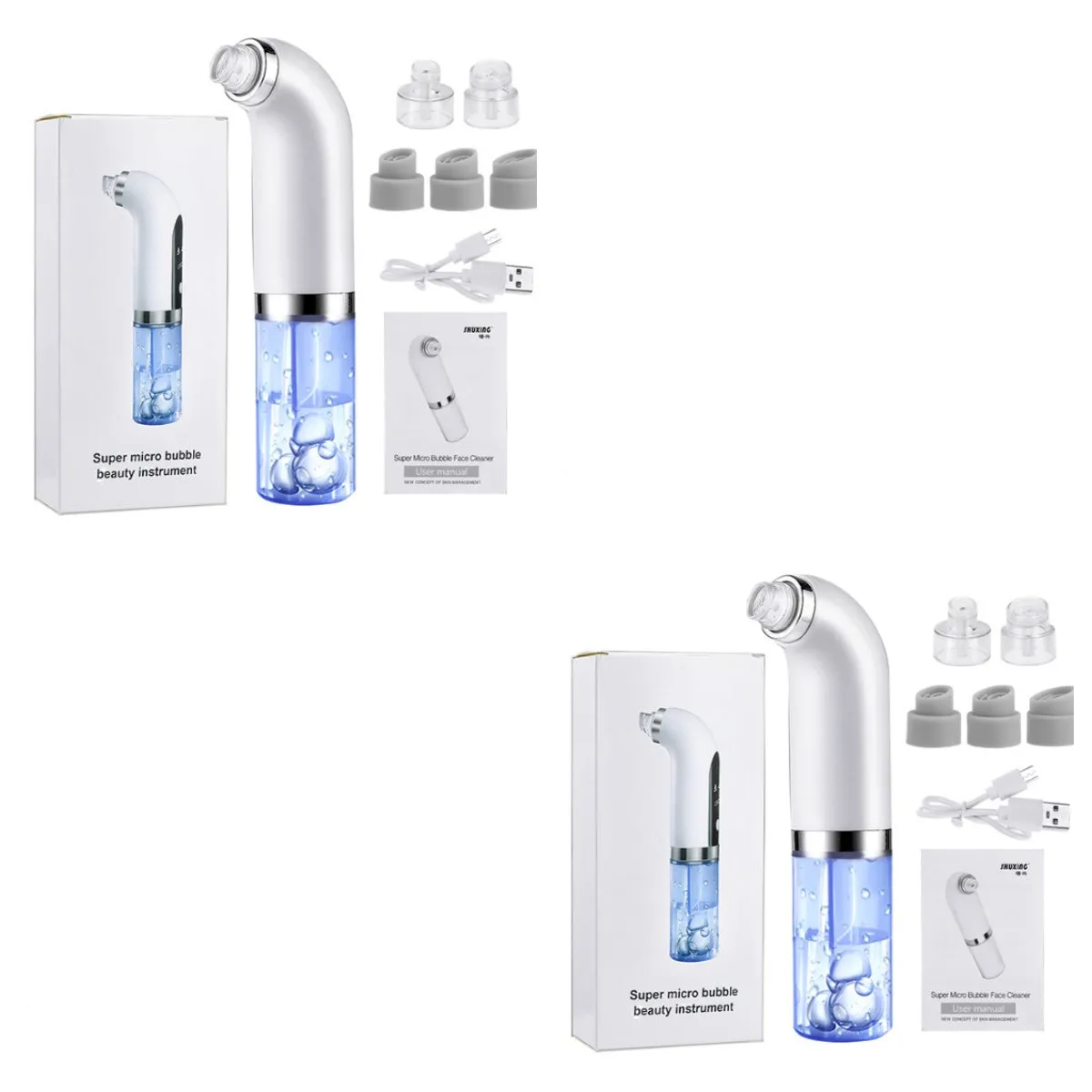Upgraded blackhead remover pore vacuum cleaner in white with six replaceable probes and USB charger for home use