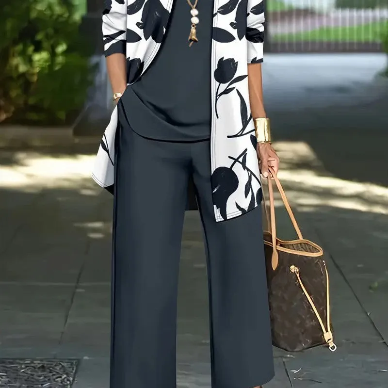 Women's casual three-piece suit set in a Japanese-Korean style, featuring a printed coat, vest, and trousers.