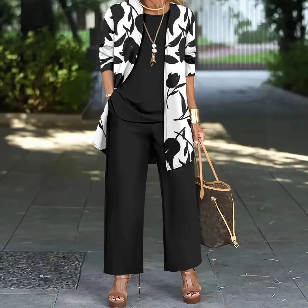 Women's casual three-piece suit set in a Japanese-Korean style, featuring a printed coat, vest, and trousers.