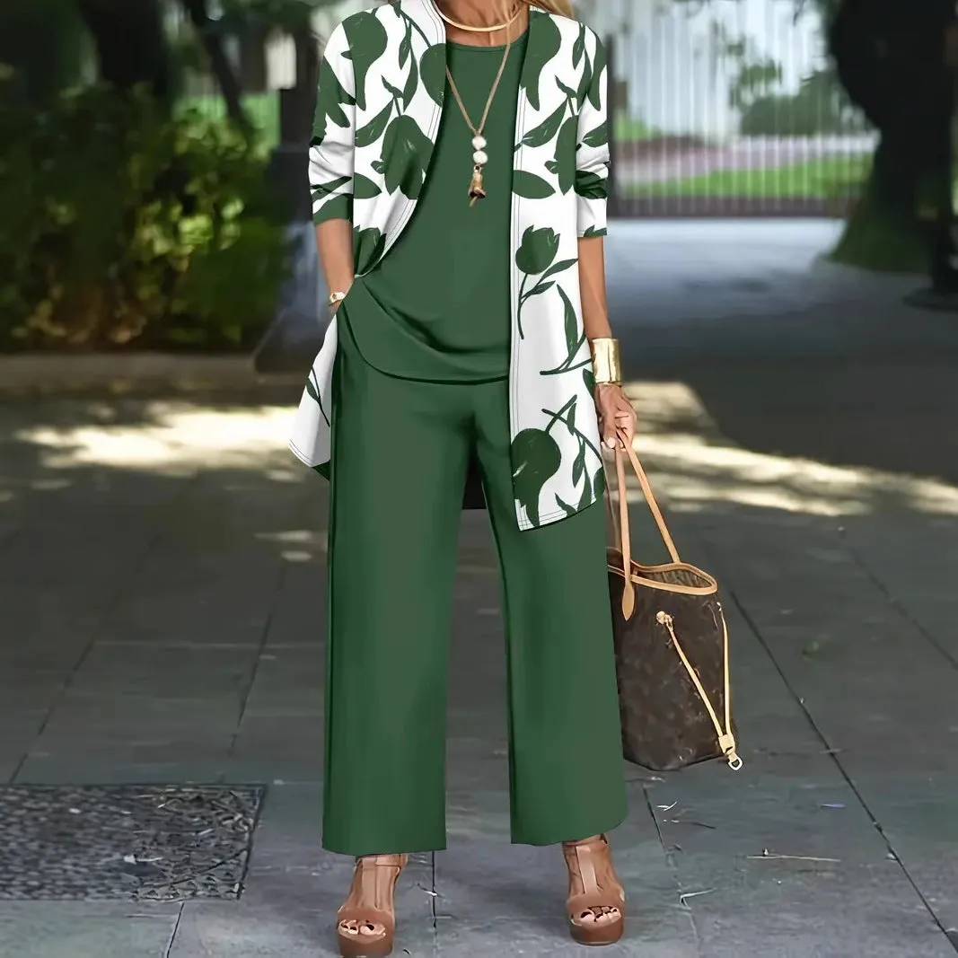 Women's casual three-piece suit set in a Japanese-Korean style, featuring a printed coat, vest, and trousers.