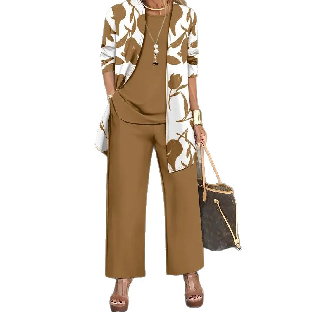 Women's casual three-piece suit set in a Japanese-Korean style, featuring a printed coat, vest, and trousers.