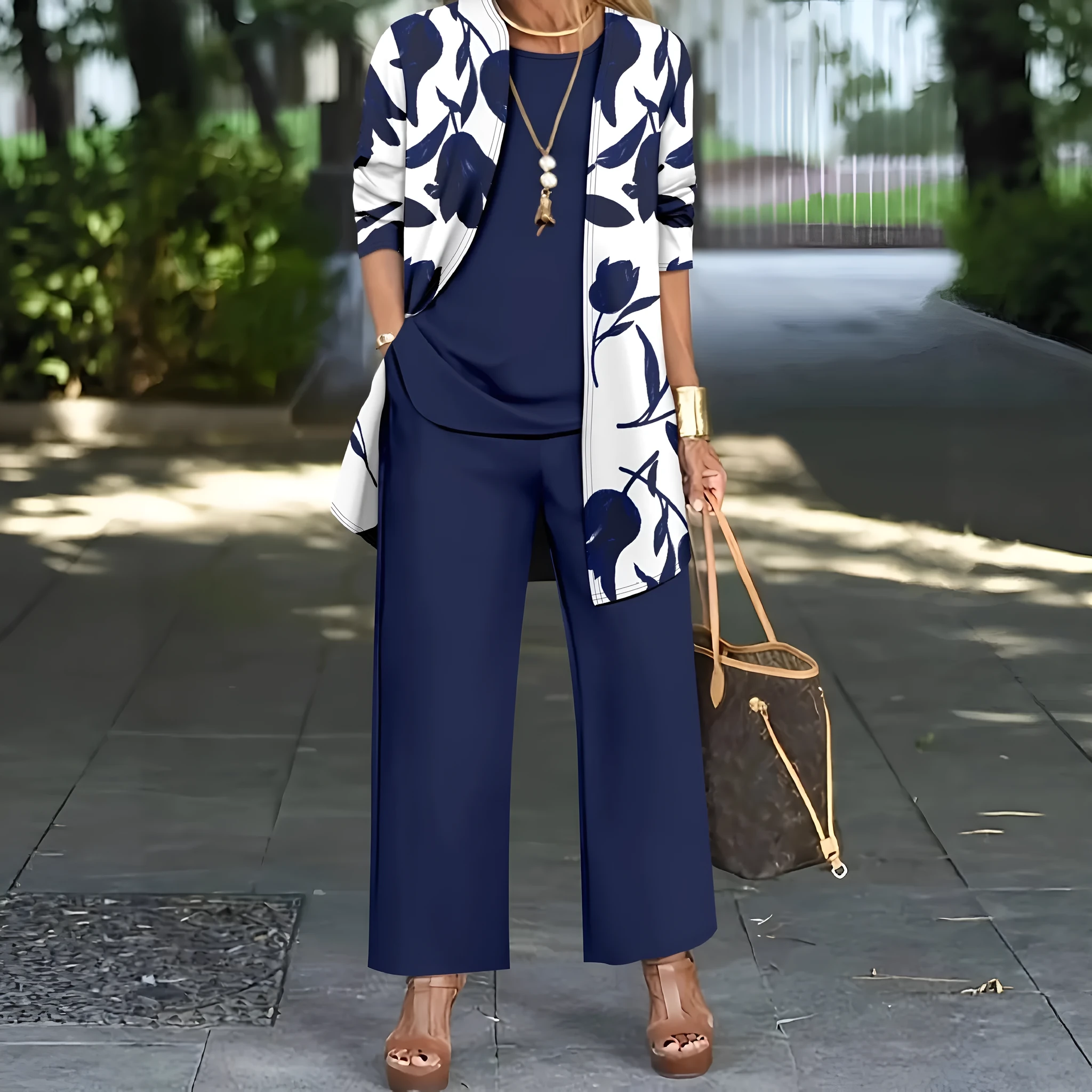 Women's casual three-piece suit set in a Japanese-Korean style, featuring a printed coat, vest, and trousers.