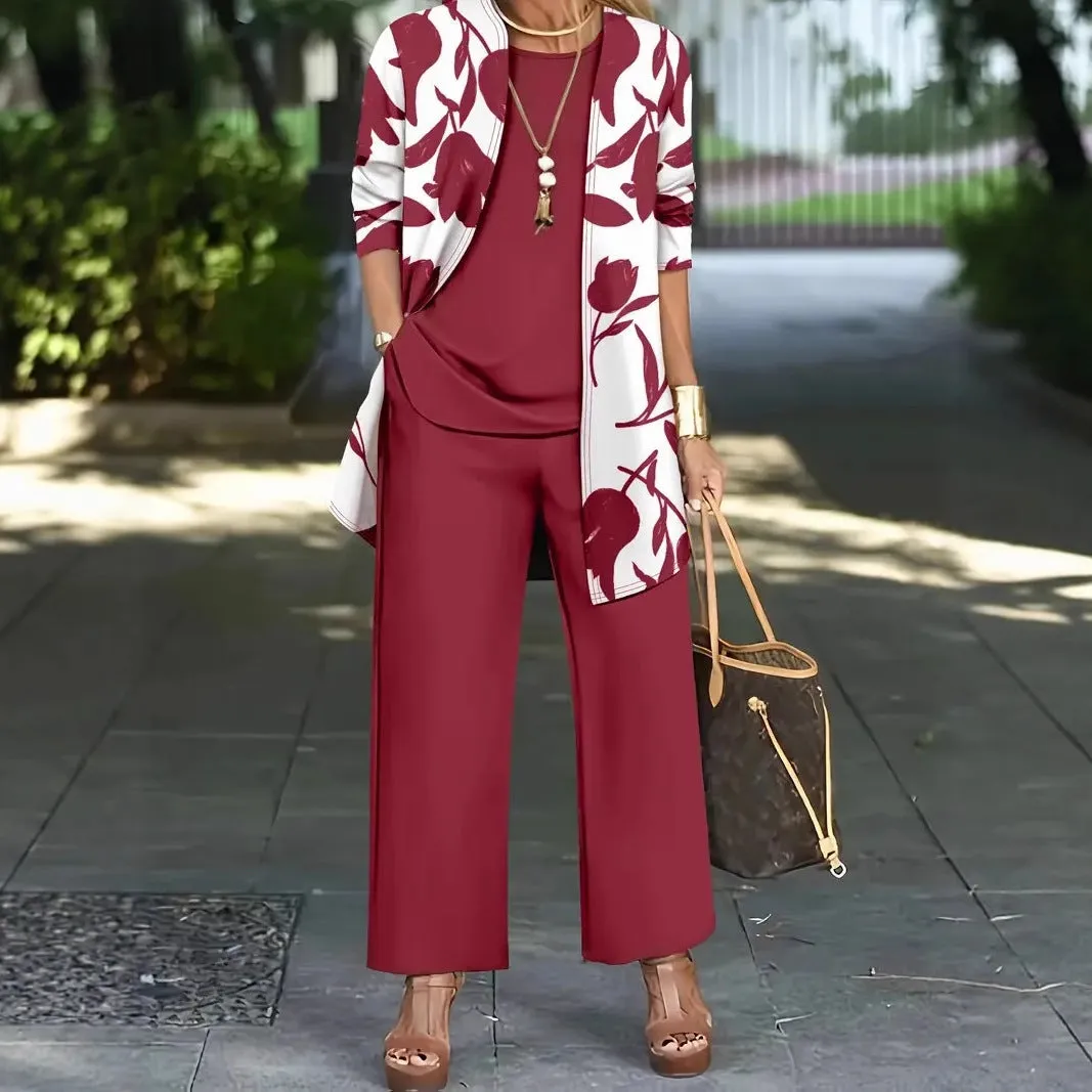 Women's casual three-piece suit set in a Japanese-Korean style, featuring a printed coat, vest, and trousers.