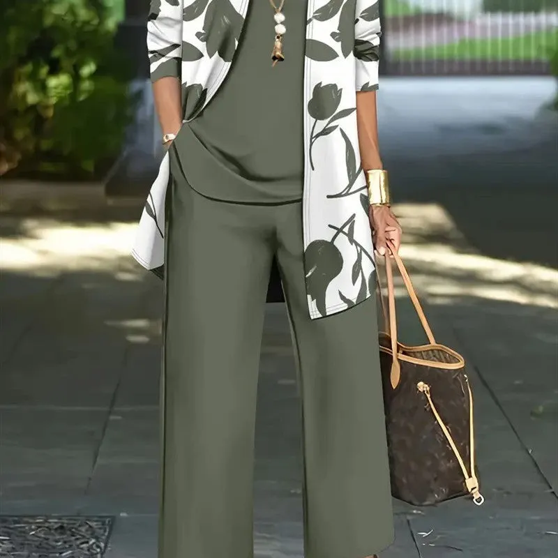 Women's casual three-piece suit set in a Japanese-Korean style, featuring a printed coat, vest, and trousers.