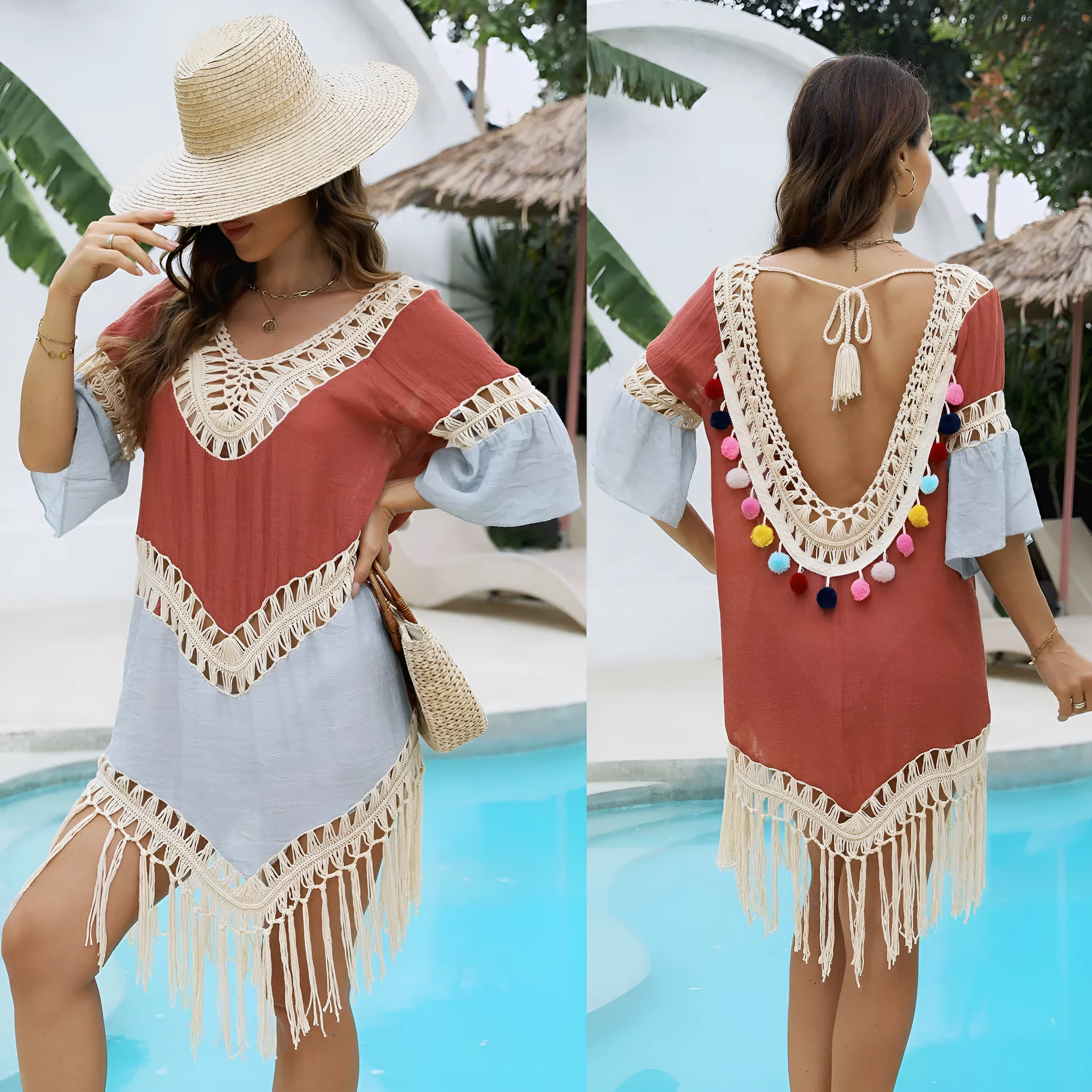 Orange beach overskirt with hand crochet stitching and floral polyester fabric, featuring tassel detailing