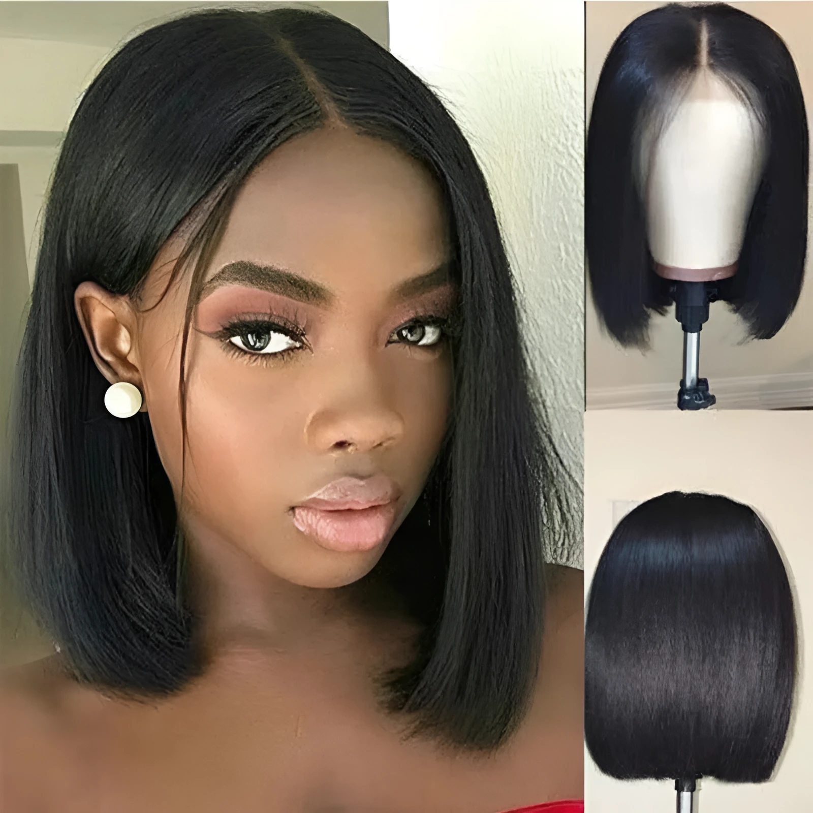Short bob wig for women in black with starfish pendant and glass beads
