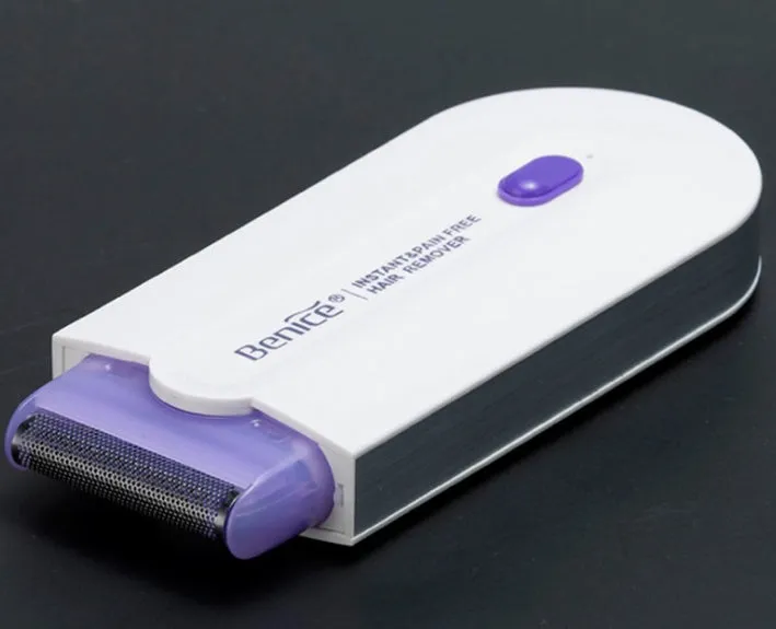 White cordless laser hair removal machine with purple sensa-light technology, trimmer and microfoil heads, 12cm length