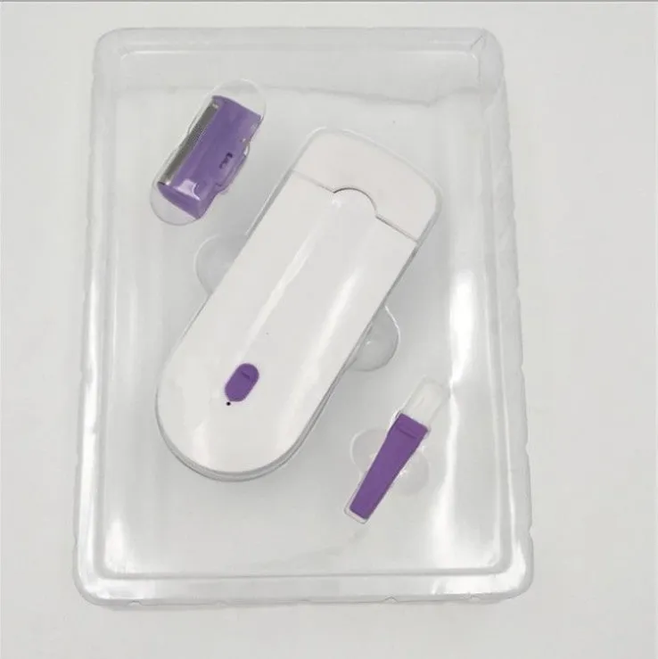 White cordless laser hair removal machine with purple sensa-light technology, trimmer and microfoil heads, 12cm length