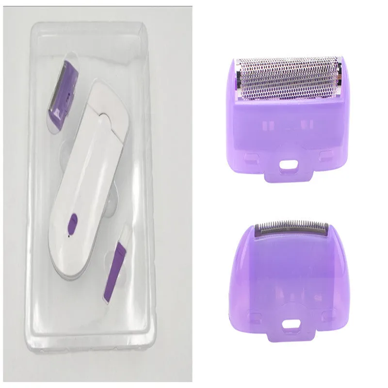 White cordless laser hair removal machine with purple sensa-light technology, trimmer and microfoil heads, 12cm length