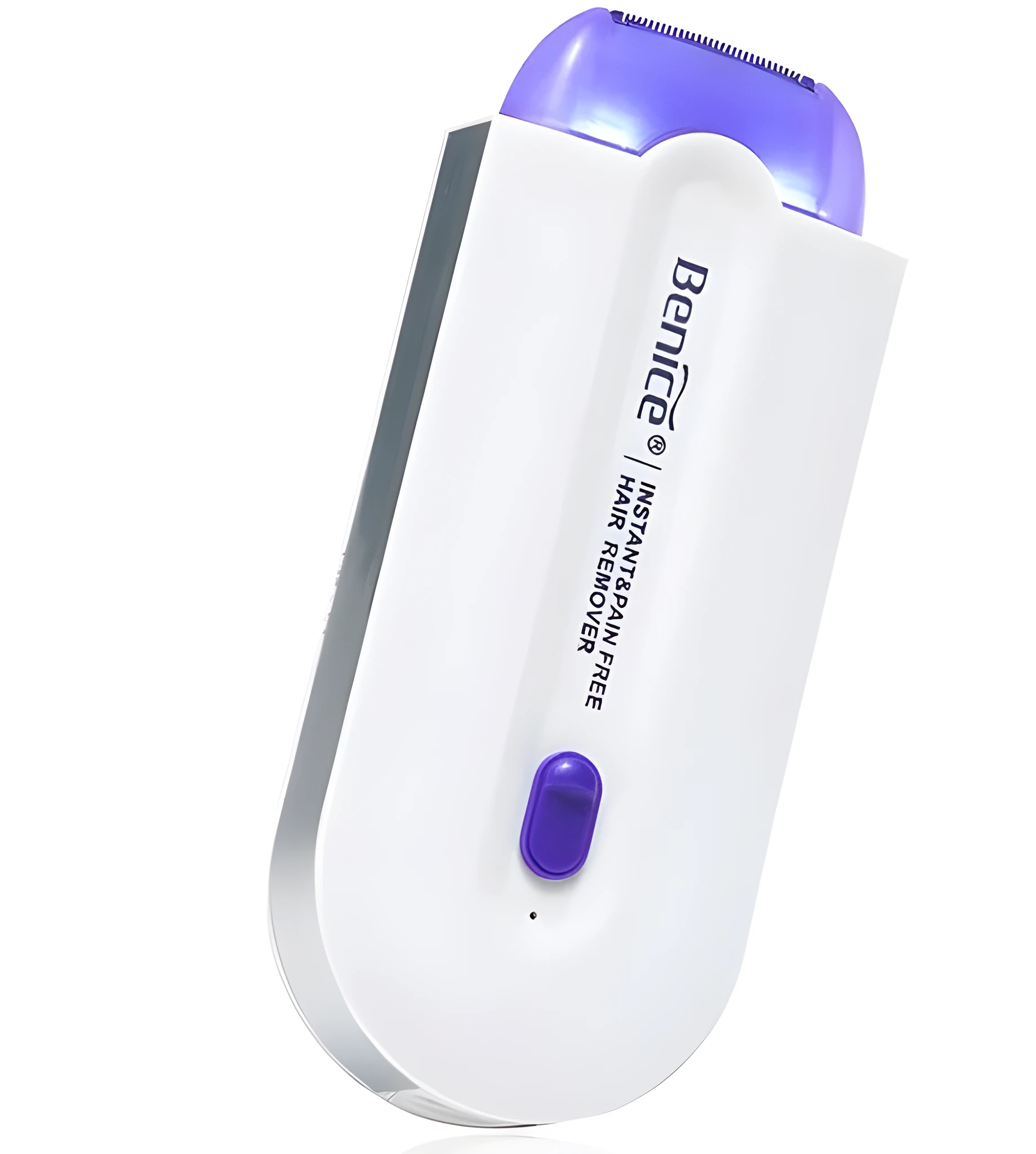 White cordless laser hair removal machine with purple sensa-light technology, trimmer and microfoil heads, 12cm length
