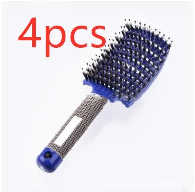 Black bristle and nylon hairbrush with arched comb head and non-slip rubber handle on white background