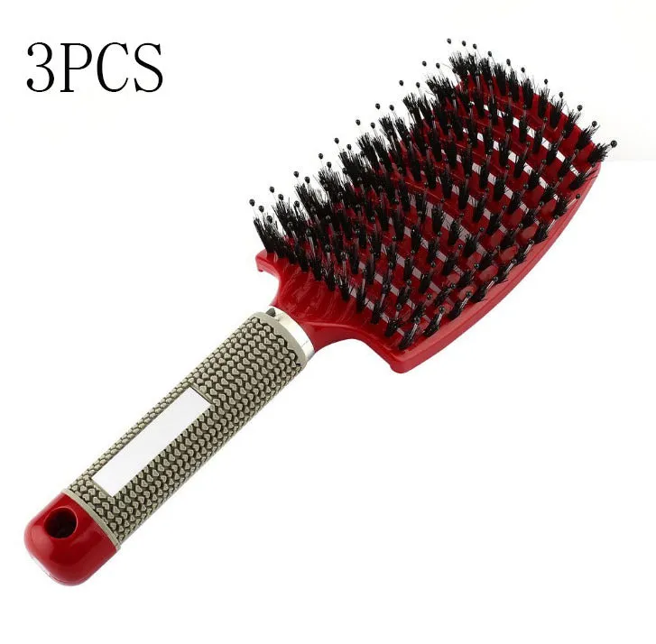 Black bristle and nylon hairbrush with arched comb head and non-slip rubber handle on white background
