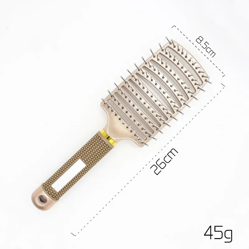 Black bristle and nylon hairbrush with arched comb head and non-slip rubber handle on white background