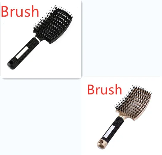 Black bristle and nylon hairbrush with arched comb head and non-slip rubber handle on white background