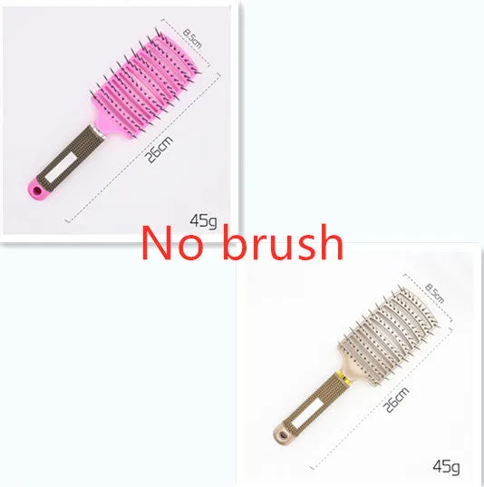 Black bristle and nylon hairbrush with arched comb head and non-slip rubber handle on white background