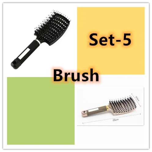 Black bristle and nylon hairbrush with arched comb head and non-slip rubber handle on white background