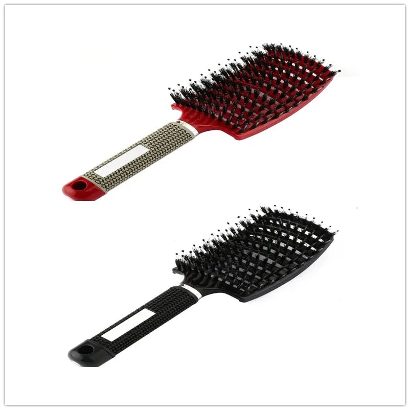 Black bristle and nylon hairbrush with arched comb head and non-slip rubber handle on white background