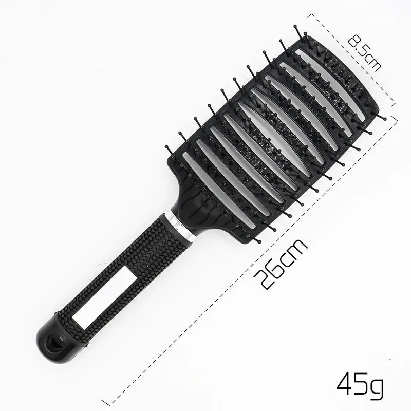 Black bristle and nylon hairbrush with arched comb head and non-slip rubber handle on white background