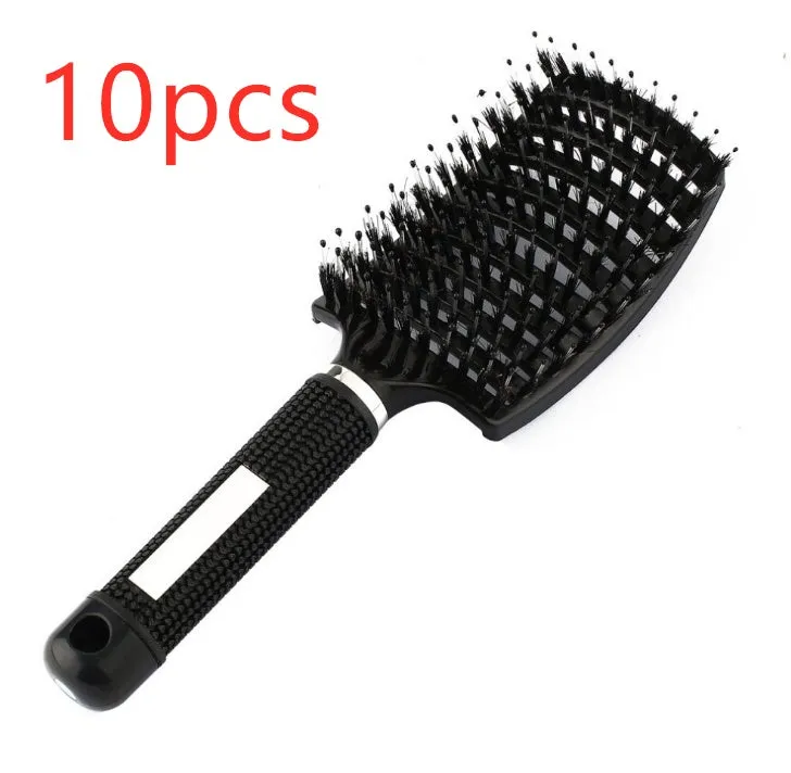 Black bristle and nylon hairbrush with arched comb head and non-slip rubber handle on white background