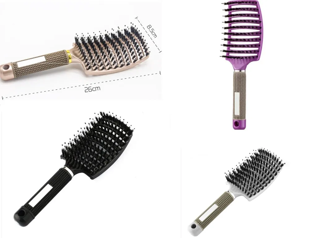 Black bristle and nylon hairbrush with arched comb head and non-slip rubber handle on white background