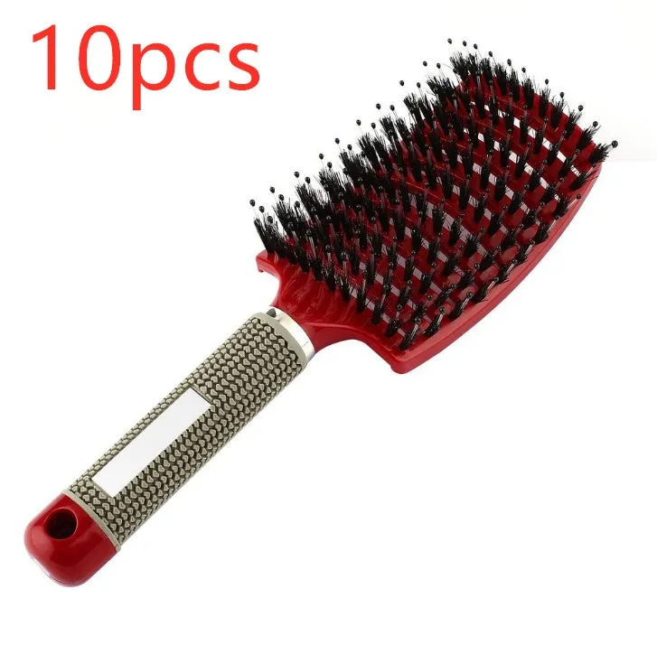 Black bristle and nylon hairbrush with arched comb head and non-slip rubber handle on white background