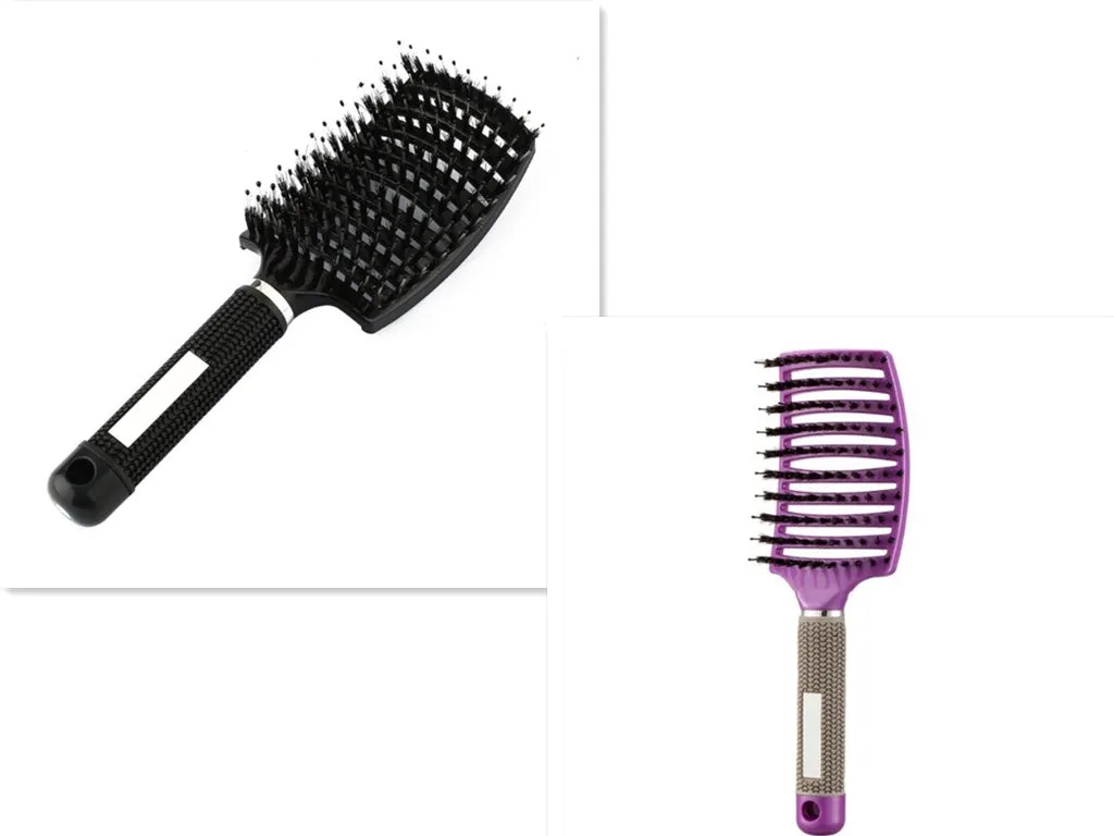Black bristle and nylon hairbrush with arched comb head and non-slip rubber handle on white background