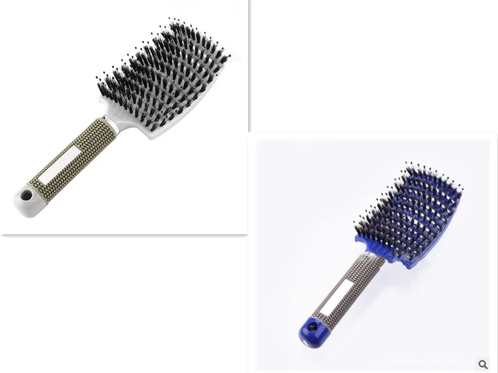Black bristle and nylon hairbrush with arched comb head and non-slip rubber handle on white background