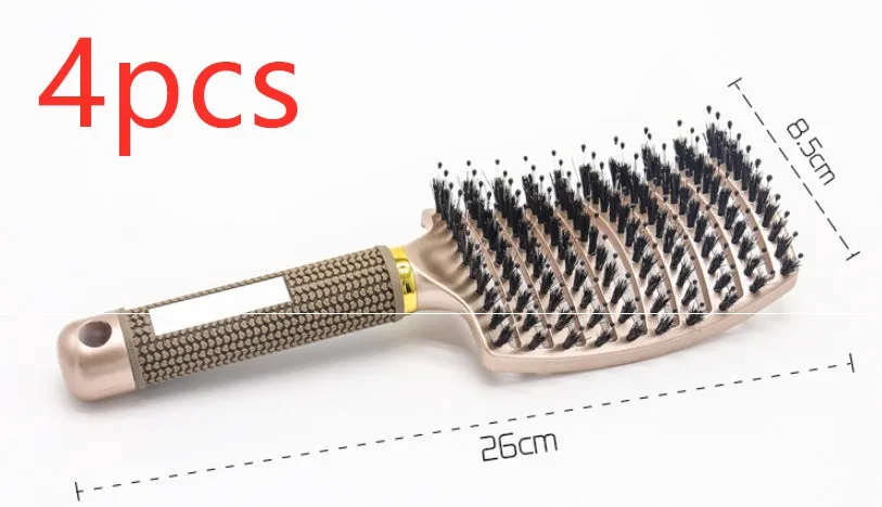 Black bristle and nylon hairbrush with arched comb head and non-slip rubber handle on white background