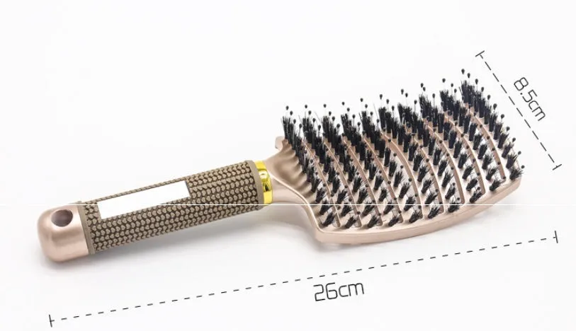 Black bristle and nylon hairbrush with arched comb head and non-slip rubber handle on white background