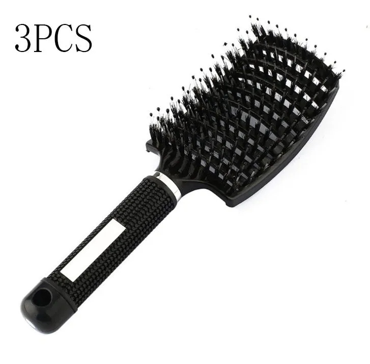 Black bristle and nylon hairbrush with arched comb head and non-slip rubber handle on white background