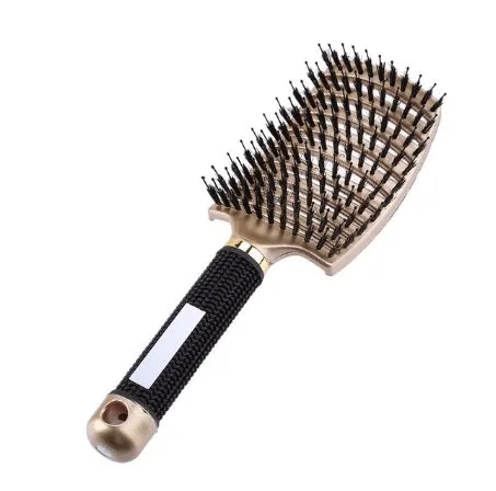 Black bristle and nylon hairbrush with arched comb head and non-slip rubber handle on white background