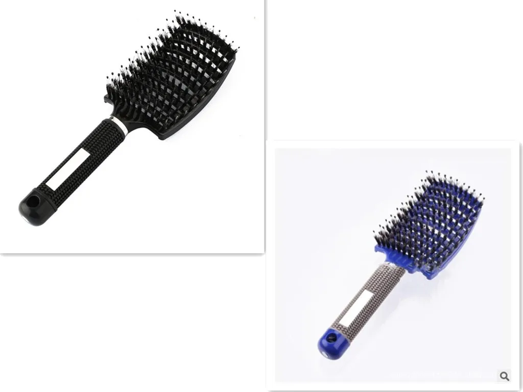 Black bristle and nylon hairbrush with arched comb head and non-slip rubber handle on white background