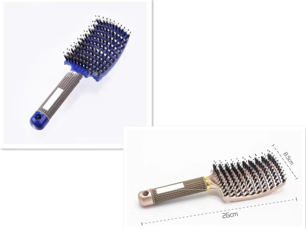 Black bristle and nylon hairbrush with arched comb head and non-slip rubber handle on white background