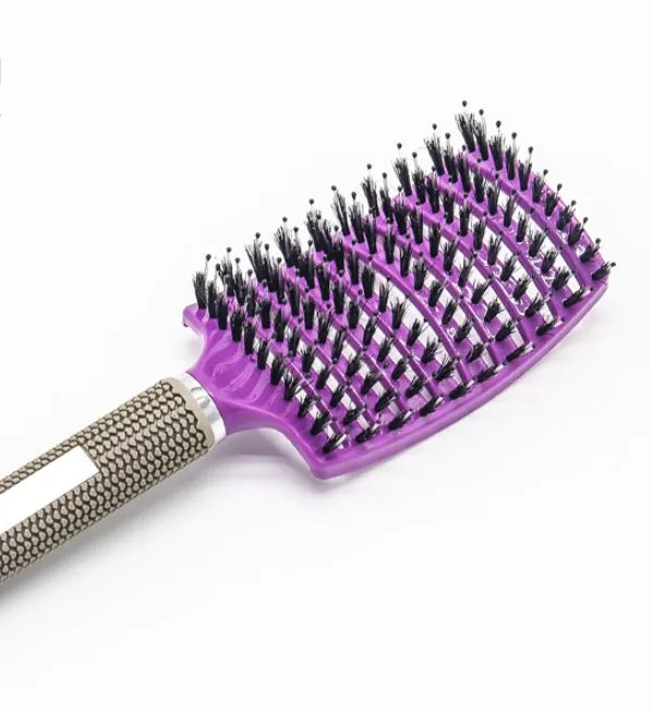 Black bristle and nylon hairbrush with arched comb head and non-slip rubber handle on white background