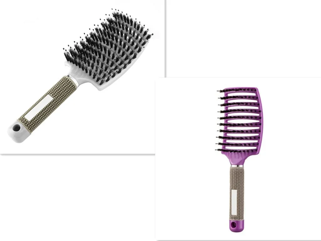 Black bristle and nylon hairbrush with arched comb head and non-slip rubber handle on white background