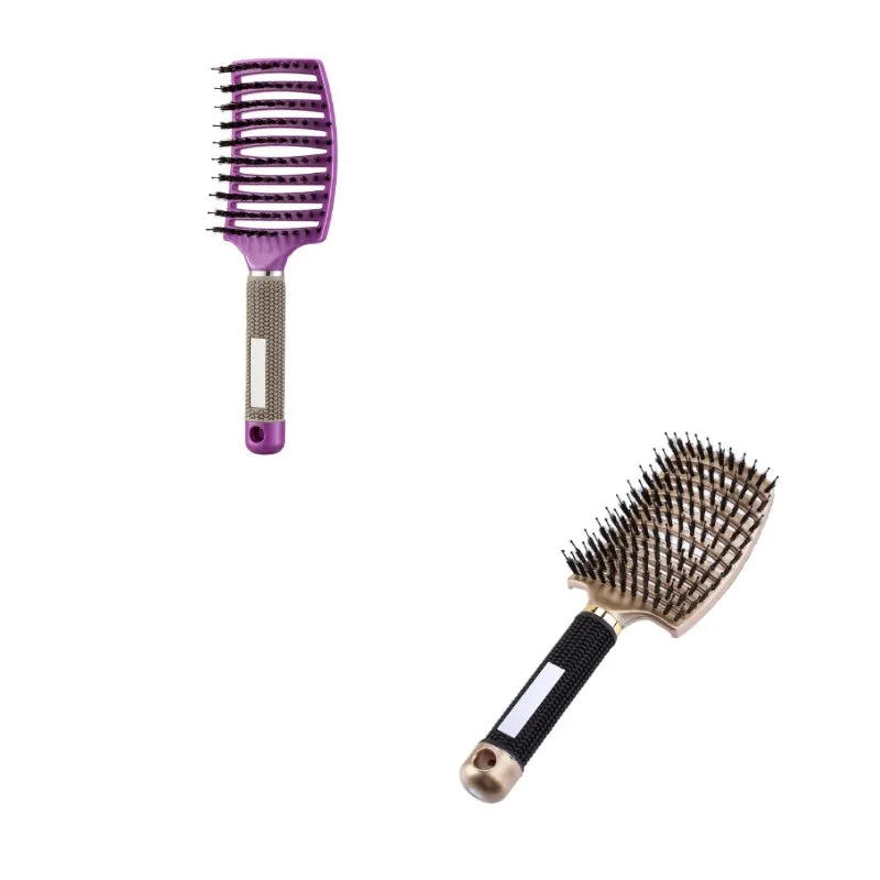 Black bristle and nylon hairbrush with arched comb head and non-slip rubber handle on white background
